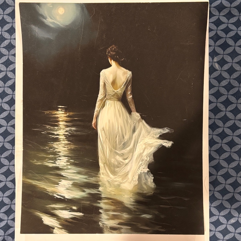 8x10 Moonlit Woman White Dress Art Print Romantic Gothic Wall Decor